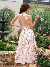 Halter Backless Bow Tie Back Split Thigh Floral Print Dress